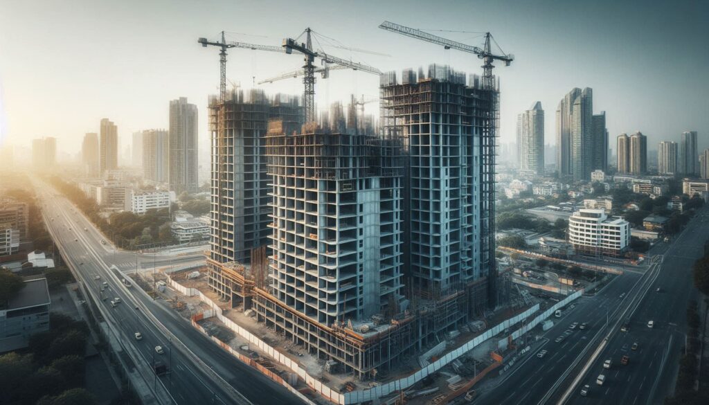 אתר בנייה עירוני עם בניין בשלבי שלד לצד מבנים מאוכלסים בעיר מודרנית